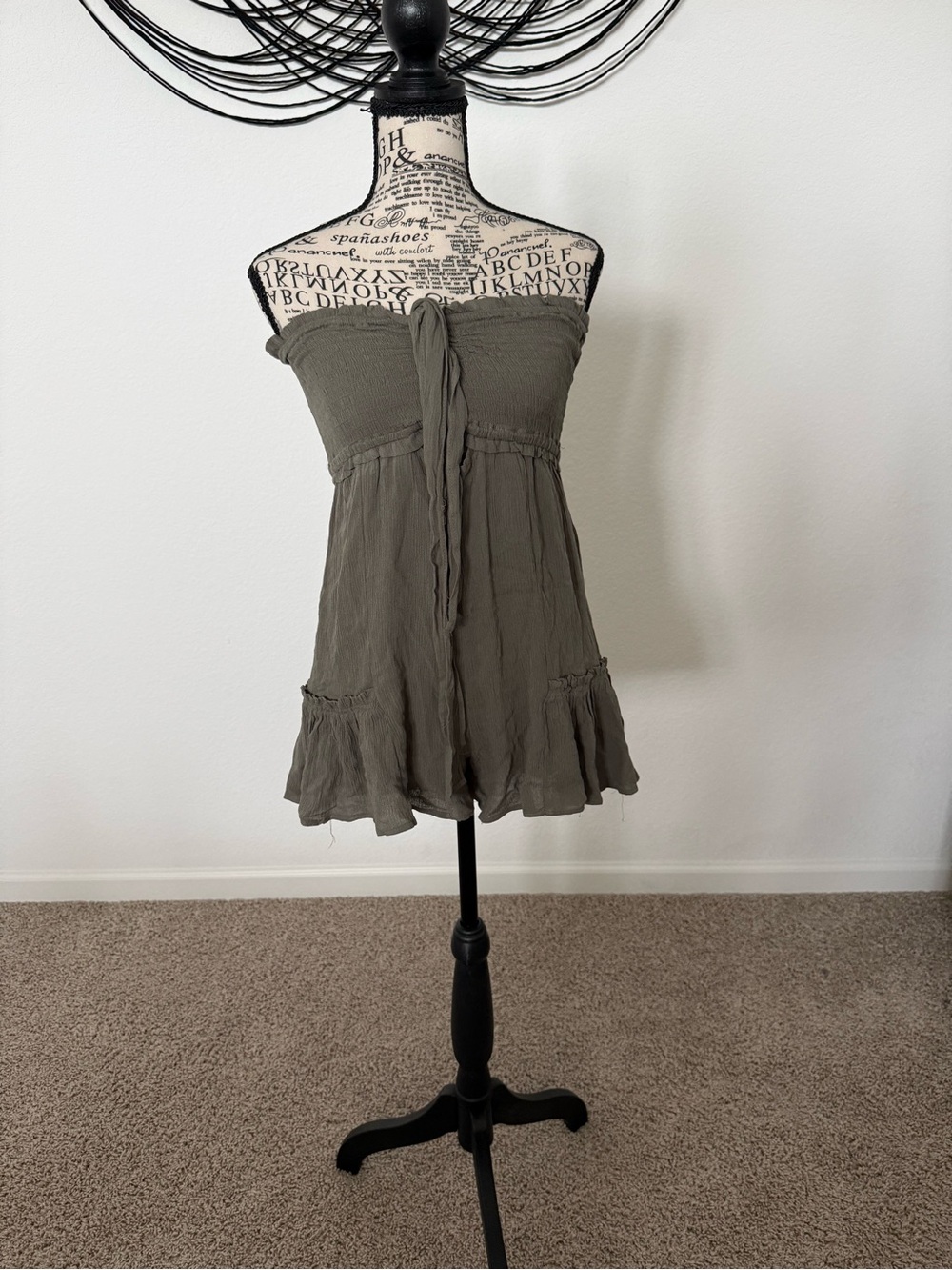 VENUS Olive Strapless Ruffle Mini Dress